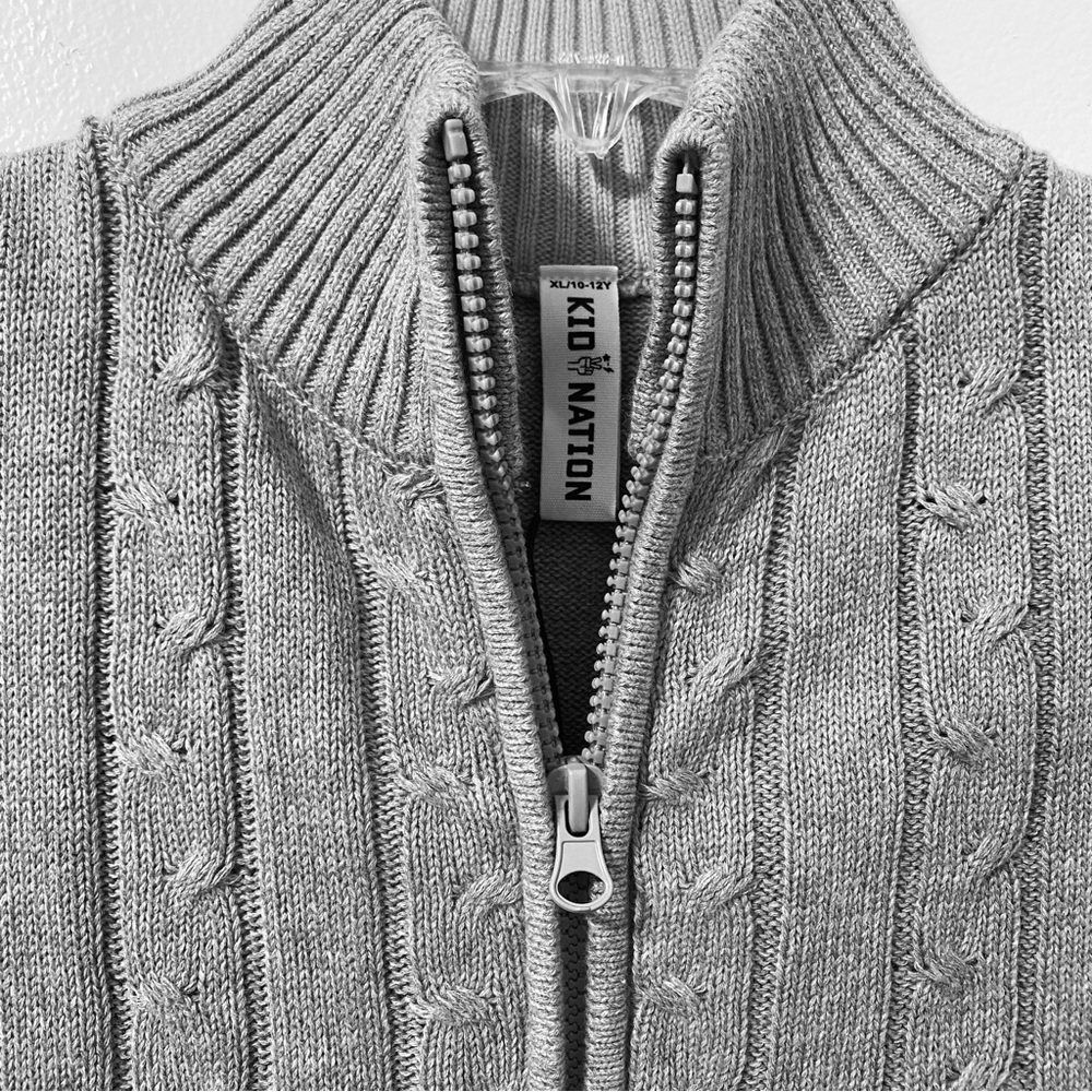 KID NATION boys’ cardigan full zip 100% cotton cable knit sweater gray XL - Picture 5 of 6